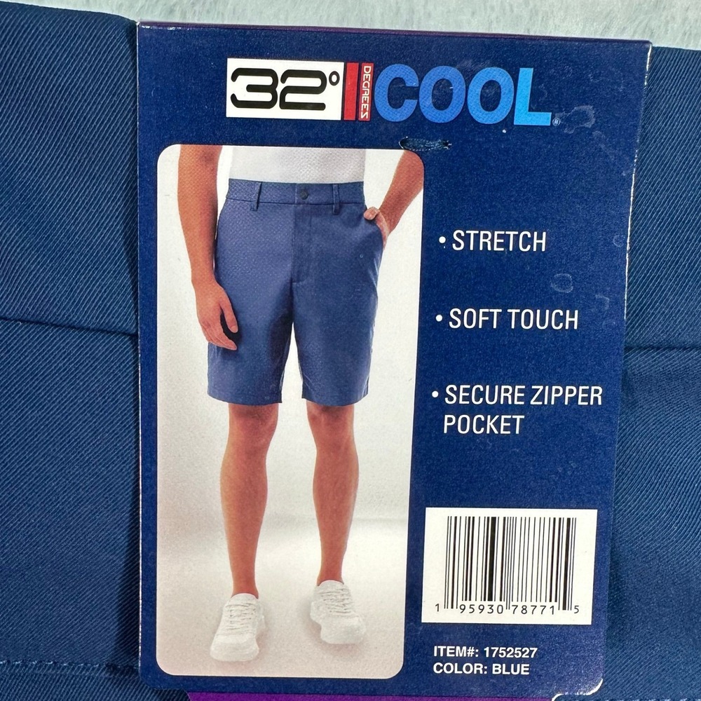 32 Degrees Cool Stretch Performance Shorts Mens 40 Blue Secure Zipper Pocket New